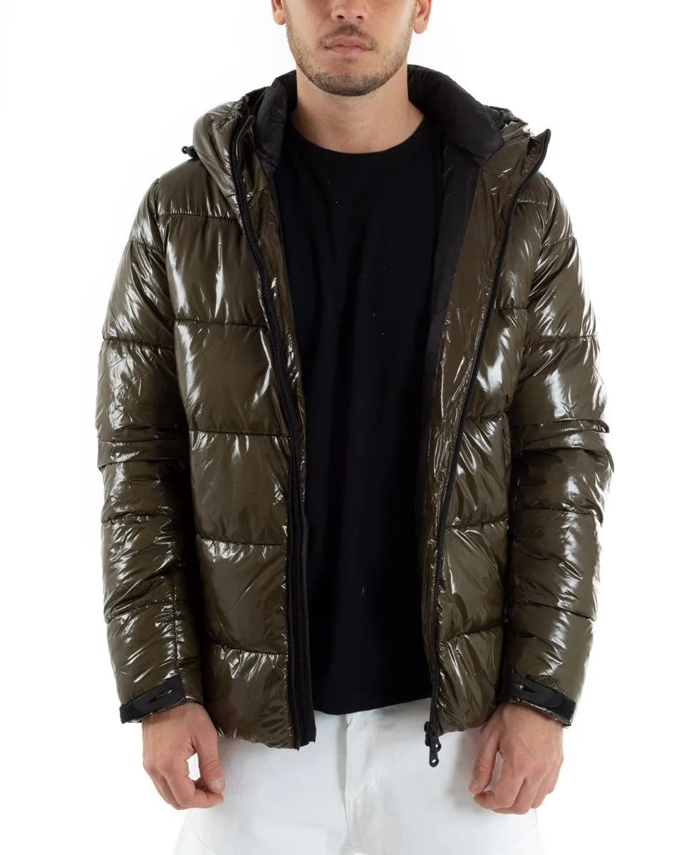 Giubbotto Uomo Bomber Vernice Lucido Verde Puffer Cappuccio GIOSAL-G2933A