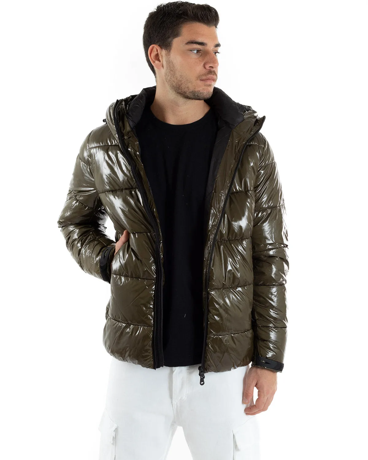 Giubbotto Uomo Bomber Vernice Lucido Verde Puffer Cappuccio GIOSAL-G2933A