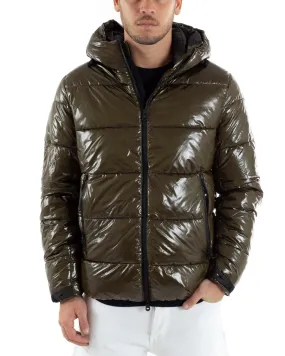 Giubbotto Uomo Bomber Vernice Lucido Verde Puffer Cappuccio GIOSAL-G2933A