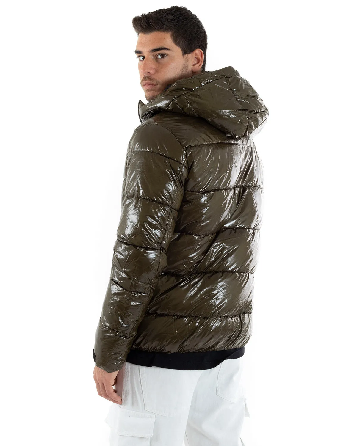 Giubbotto Uomo Bomber Vernice Lucido Verde Puffer Cappuccio GIOSAL-G2933A