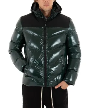 Giubbotto Uomo Bomber Vernice Lucido Verde Tinta Unita Puffer Cappuccio GIOSAL-G2666A