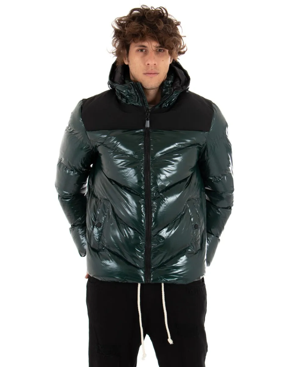 Giubbotto Uomo Bomber Vernice Lucido Verde Tinta Unita Puffer Cappuccio GIOSAL-G2666A