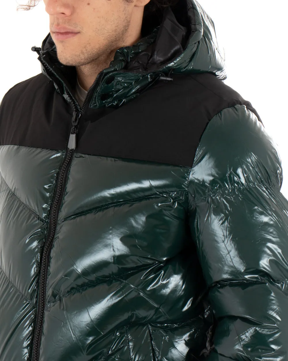 Giubbotto Uomo Bomber Vernice Lucido Verde Tinta Unita Puffer Cappuccio GIOSAL-G2666A