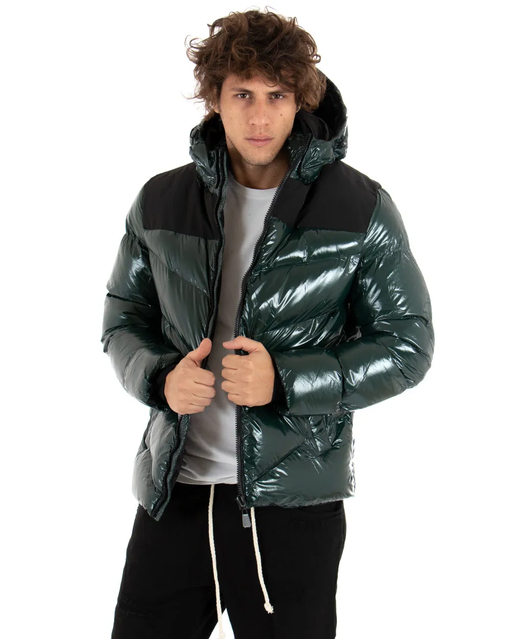 Giubbotto Uomo Bomber Vernice Lucido Verde Tinta Unita Puffer Cappuccio GIOSAL-G2666A