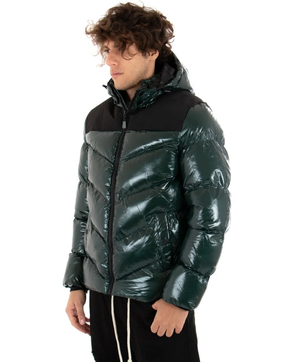 Giubbotto Uomo Bomber Vernice Lucido Verde Tinta Unita Puffer Cappuccio GIOSAL-G2666A