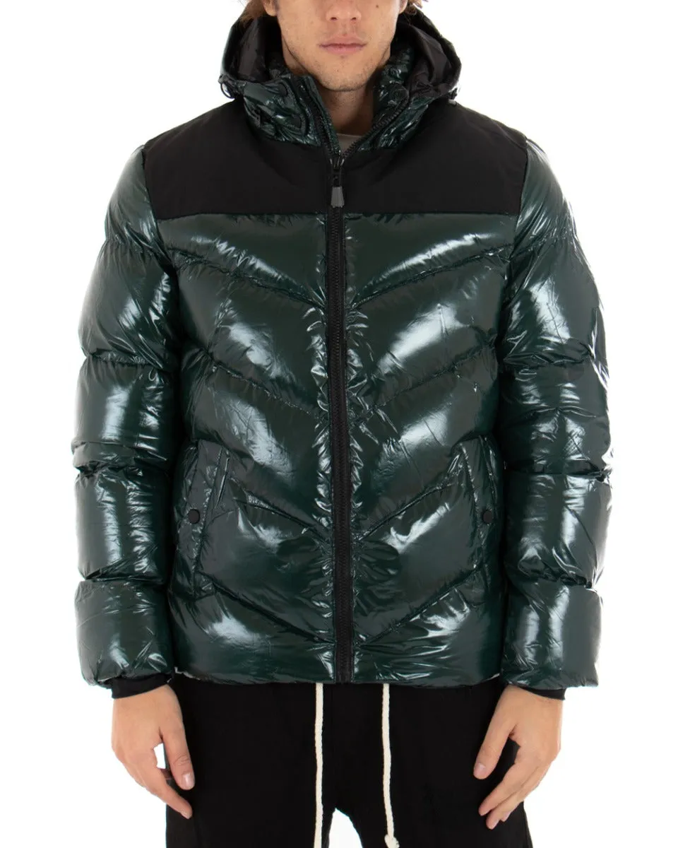 Giubbotto Uomo Bomber Vernice Lucido Verde Tinta Unita Puffer Cappuccio GIOSAL-G2666A