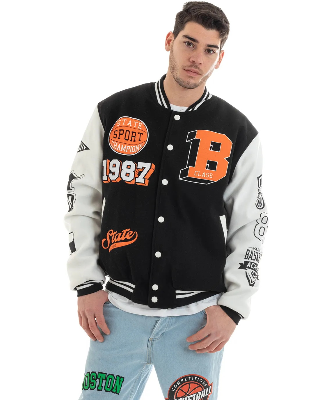 Giubbotto Uomo College Varsity Con Patch Tessuto Panno Nero GIOSAL-G3027A