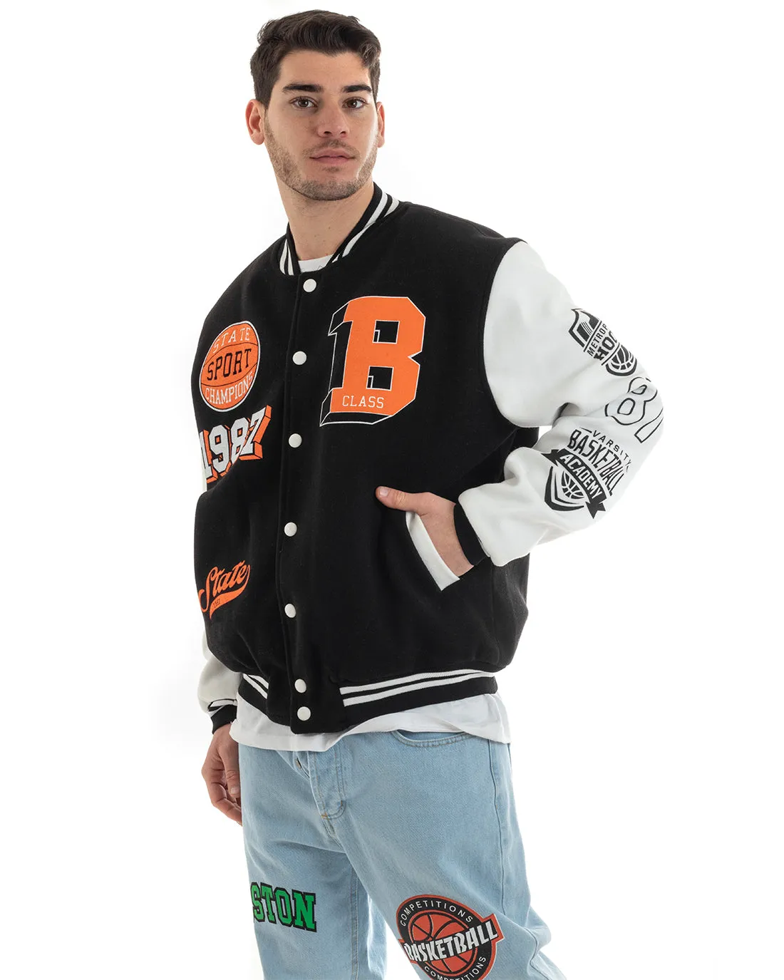 Giubbotto Uomo College Varsity Con Patch Tessuto Panno Nero GIOSAL-G3027A