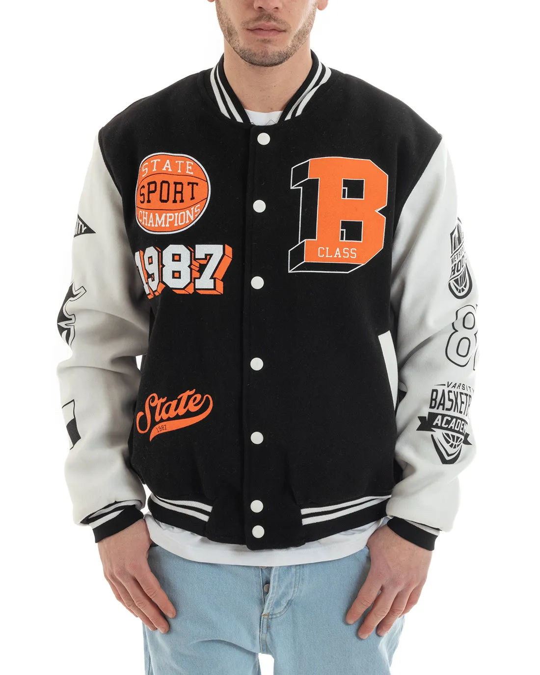 Giubbotto Uomo College Varsity Con Patch Tessuto Panno Nero GIOSAL-G3027A