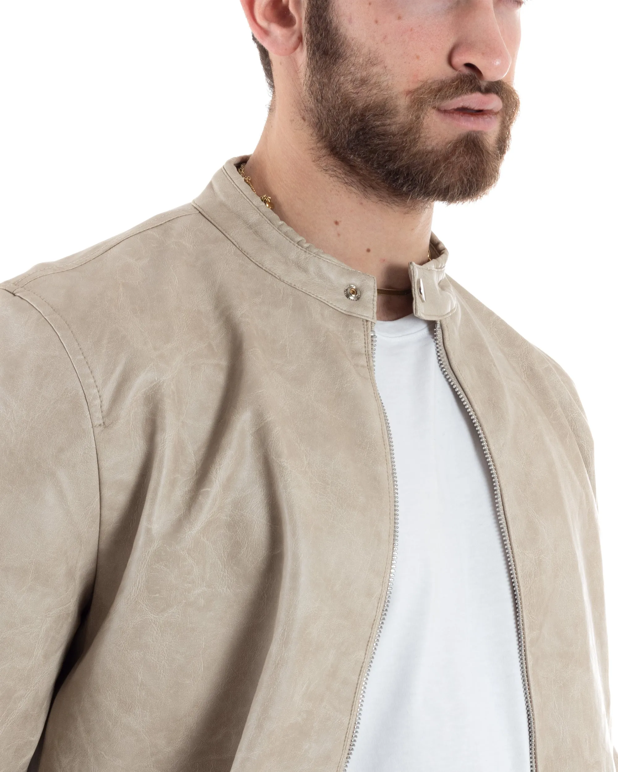 Giubbotto Uomo Ecopelle Con Collo Coreano Tinta Unita Beige Casual GIOSAL-G3156A