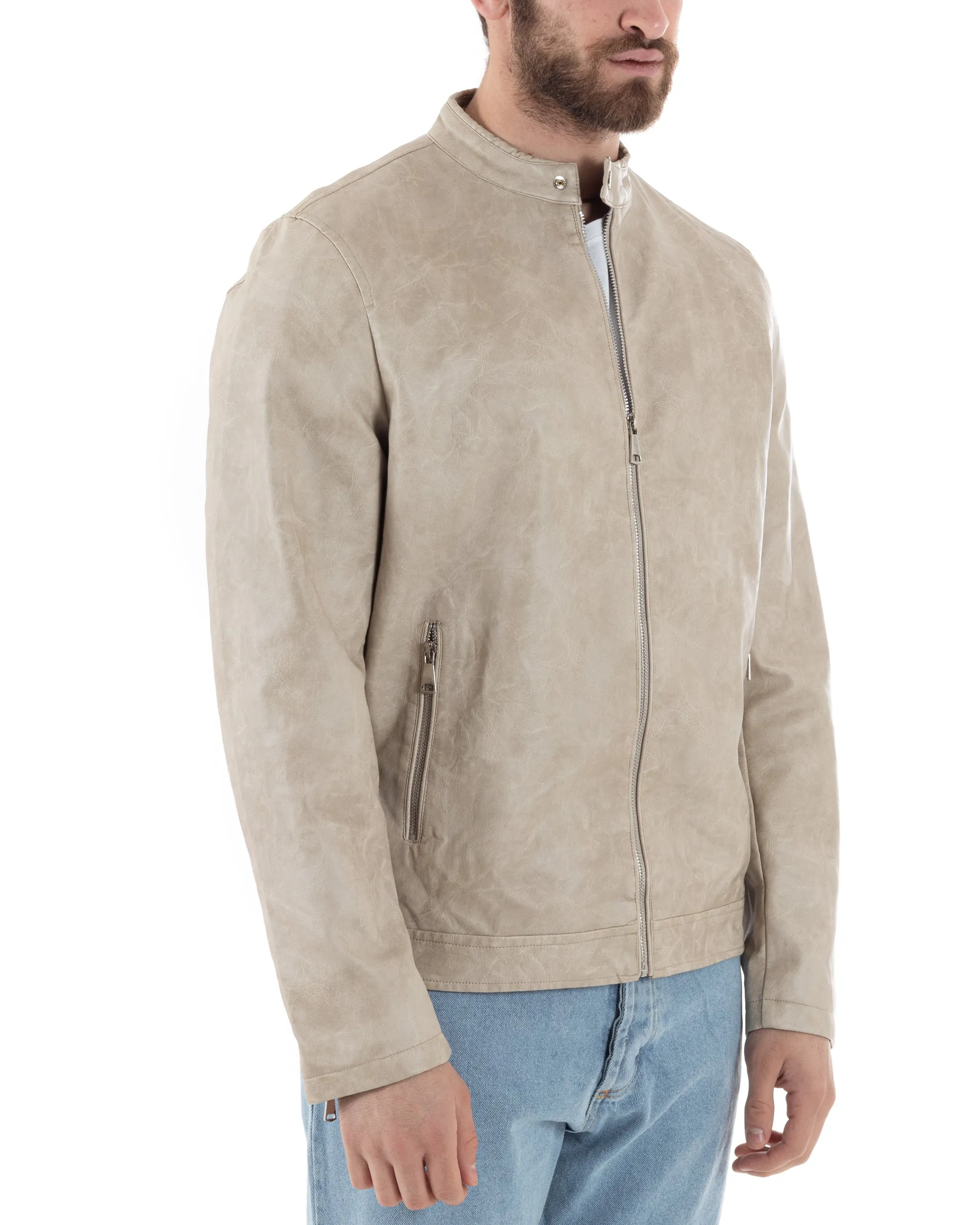 Giubbotto Uomo Ecopelle Con Collo Coreano Tinta Unita Beige Casual GIOSAL-G3156A