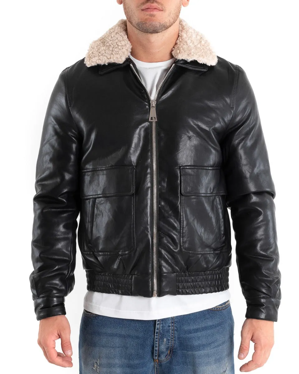 Giubbotto Uomo Giacca Bomber Ecopelle Nero Collo Pelliccia GIOSAL-G2872A