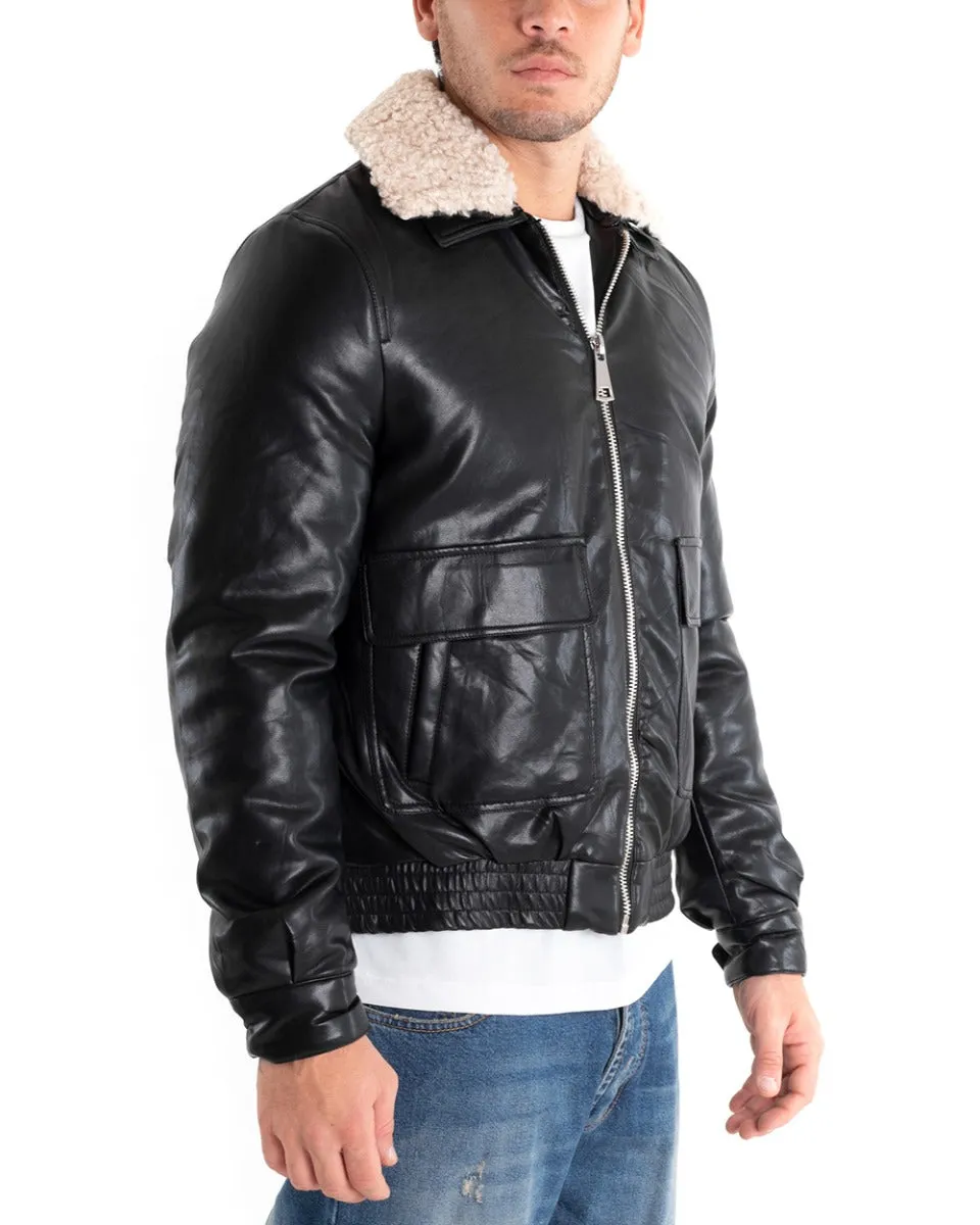 Giubbotto Uomo Giacca Bomber Ecopelle Nero Collo Pelliccia GIOSAL-G2872A