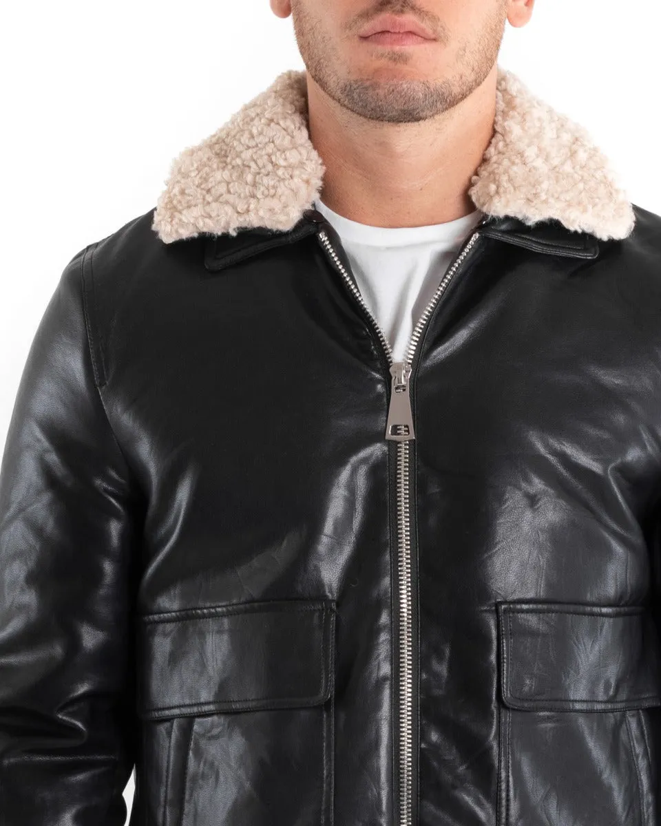 Giubbotto Uomo Giacca Bomber Ecopelle Nero Collo Pelliccia GIOSAL-G2872A