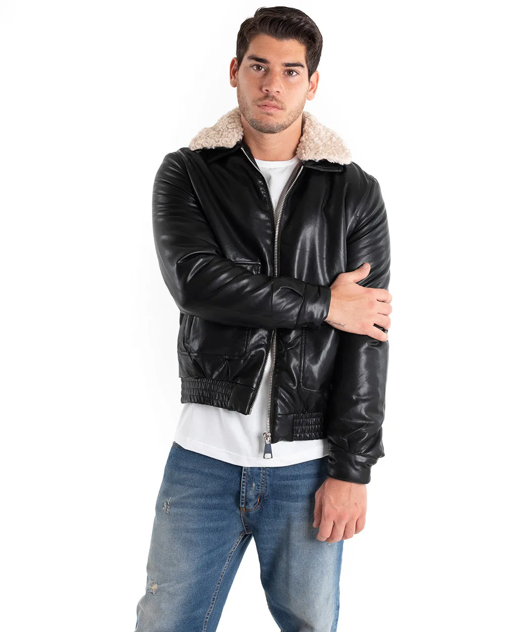 Giubbotto Uomo Giacca Bomber Ecopelle Nero Collo Pelliccia GIOSAL-G2872A