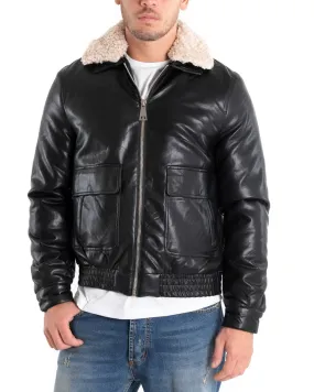 Giubbotto Uomo Giacca Bomber Ecopelle Nero Collo Pelliccia GIOSAL-G2872A