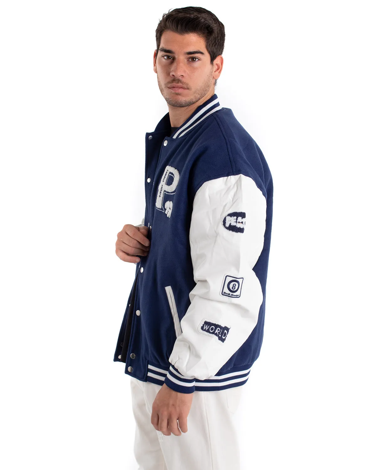 Giubbotto Uomo Giacca Con Patch College Varsity Blu Royal GIOSAL-G2898A