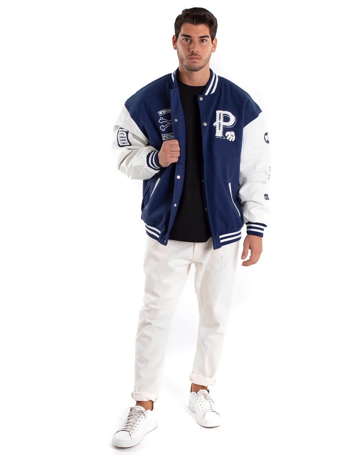 Giubbotto Uomo Giacca Con Patch College Varsity Blu Royal GIOSAL-G2898A