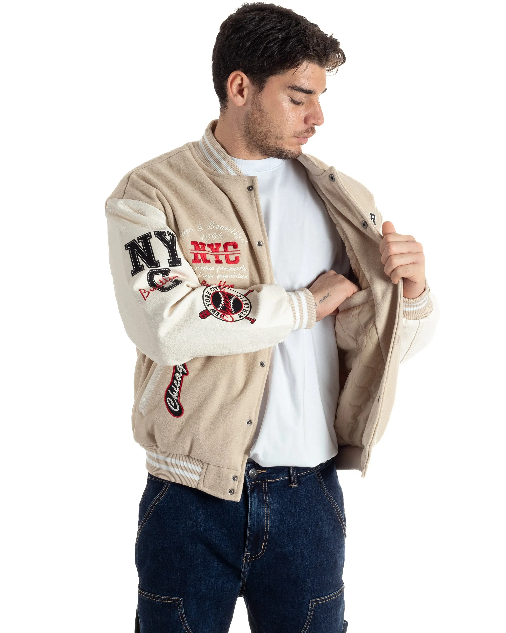 Giubbotto Uomo In Tessuto Panno College Varsity Con Patch Maniche Ecopelle Beige Bianco GIOSAL-G3137A