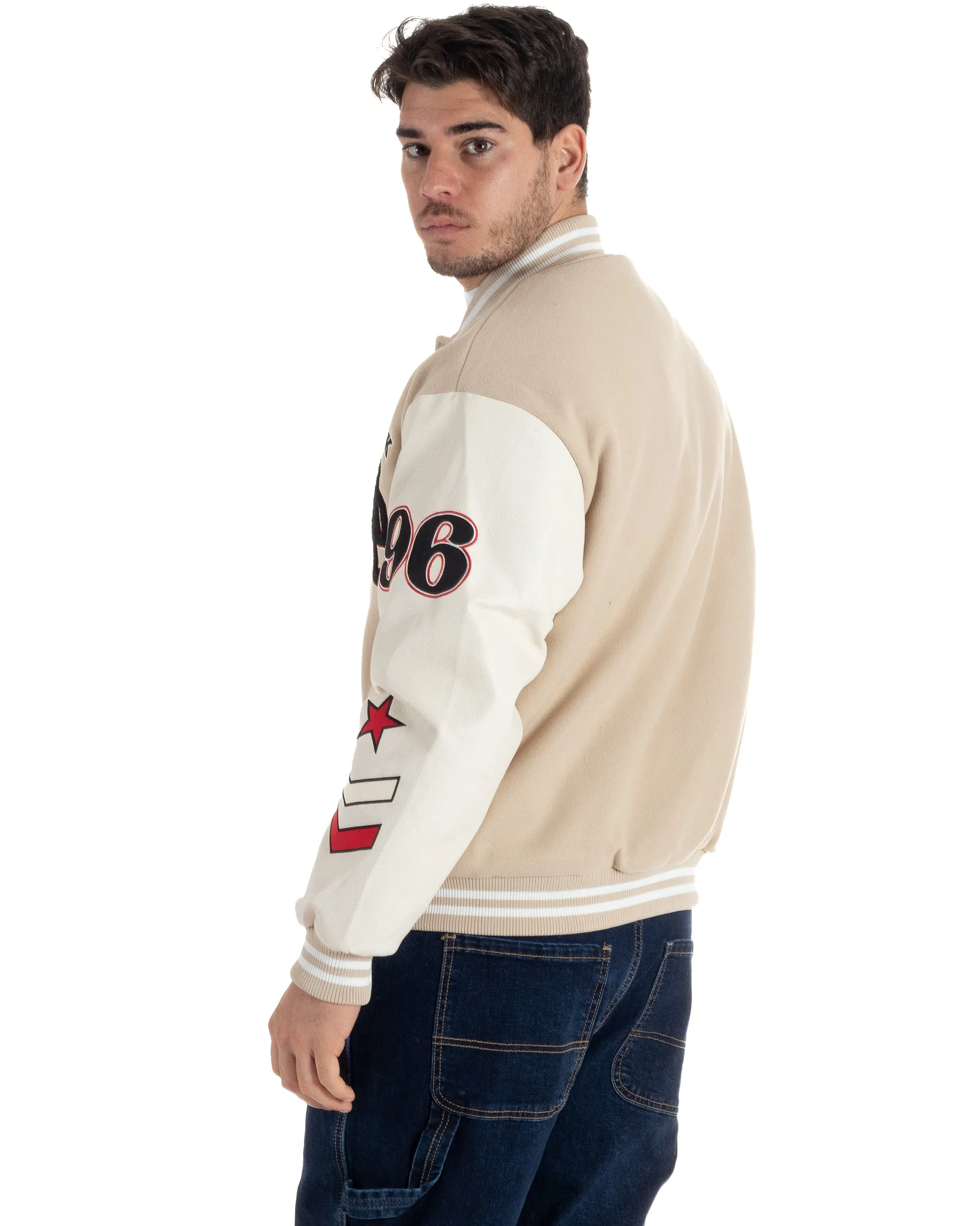 Giubbotto Uomo In Tessuto Panno College Varsity Con Patch Maniche Ecopelle Beige Bianco GIOSAL-G3137A