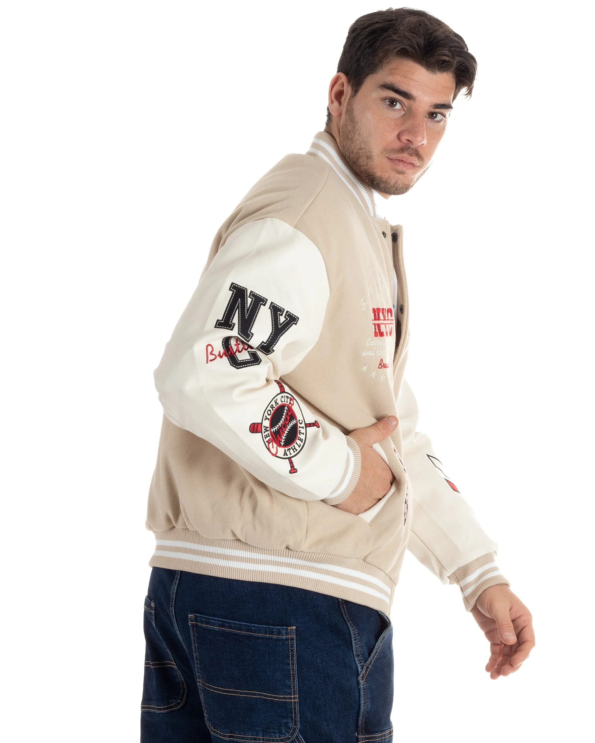 Giubbotto Uomo In Tessuto Panno College Varsity Con Patch Maniche Ecopelle Beige Bianco GIOSAL-G3137A