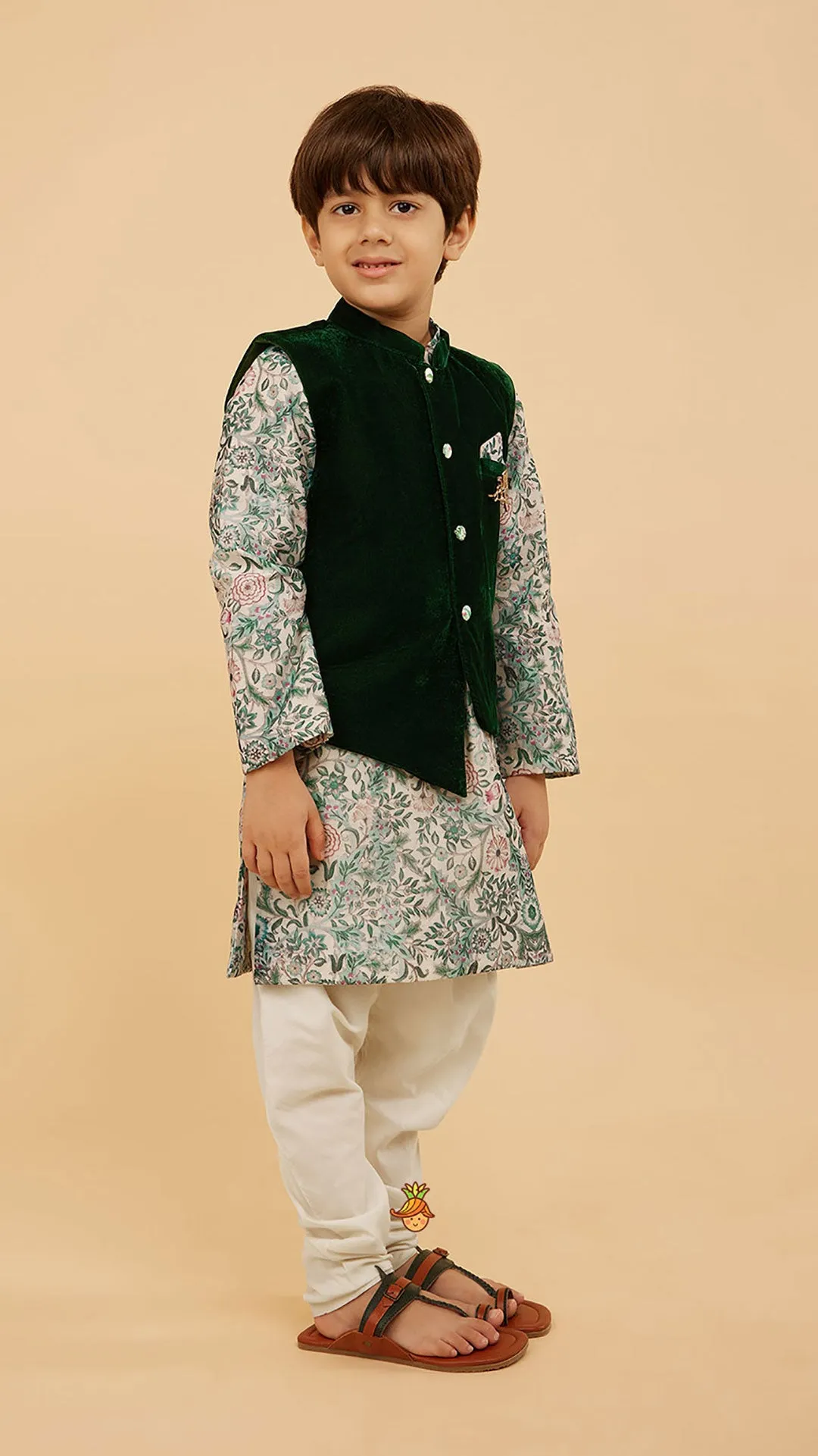 Green Velvet Jacket With Floral Printed Kurta And Churidar