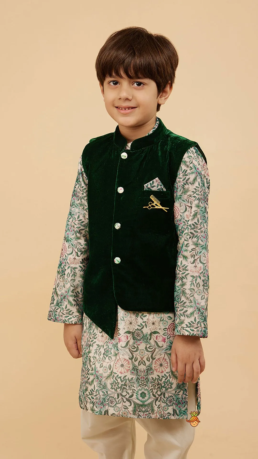 Green Velvet Jacket With Floral Printed Kurta And Churidar