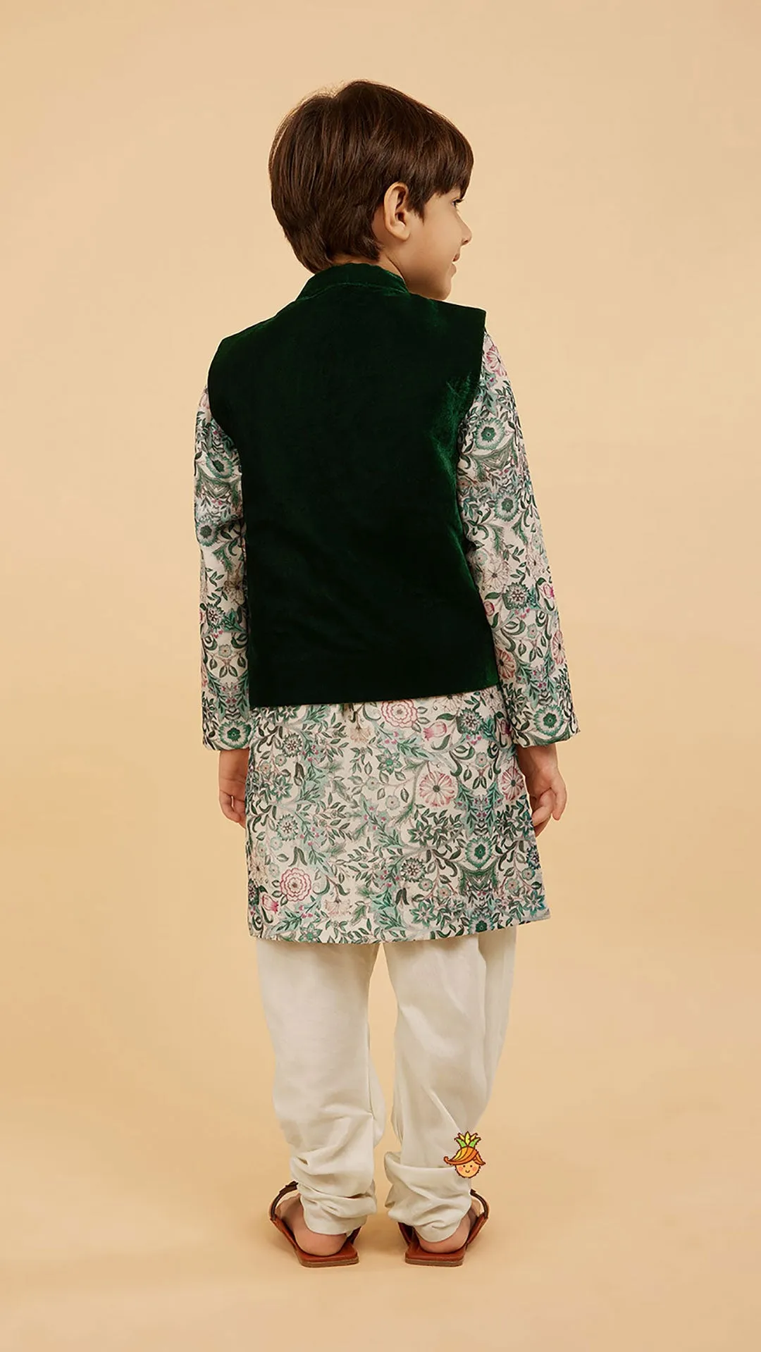 Green Velvet Jacket With Floral Printed Kurta And Churidar