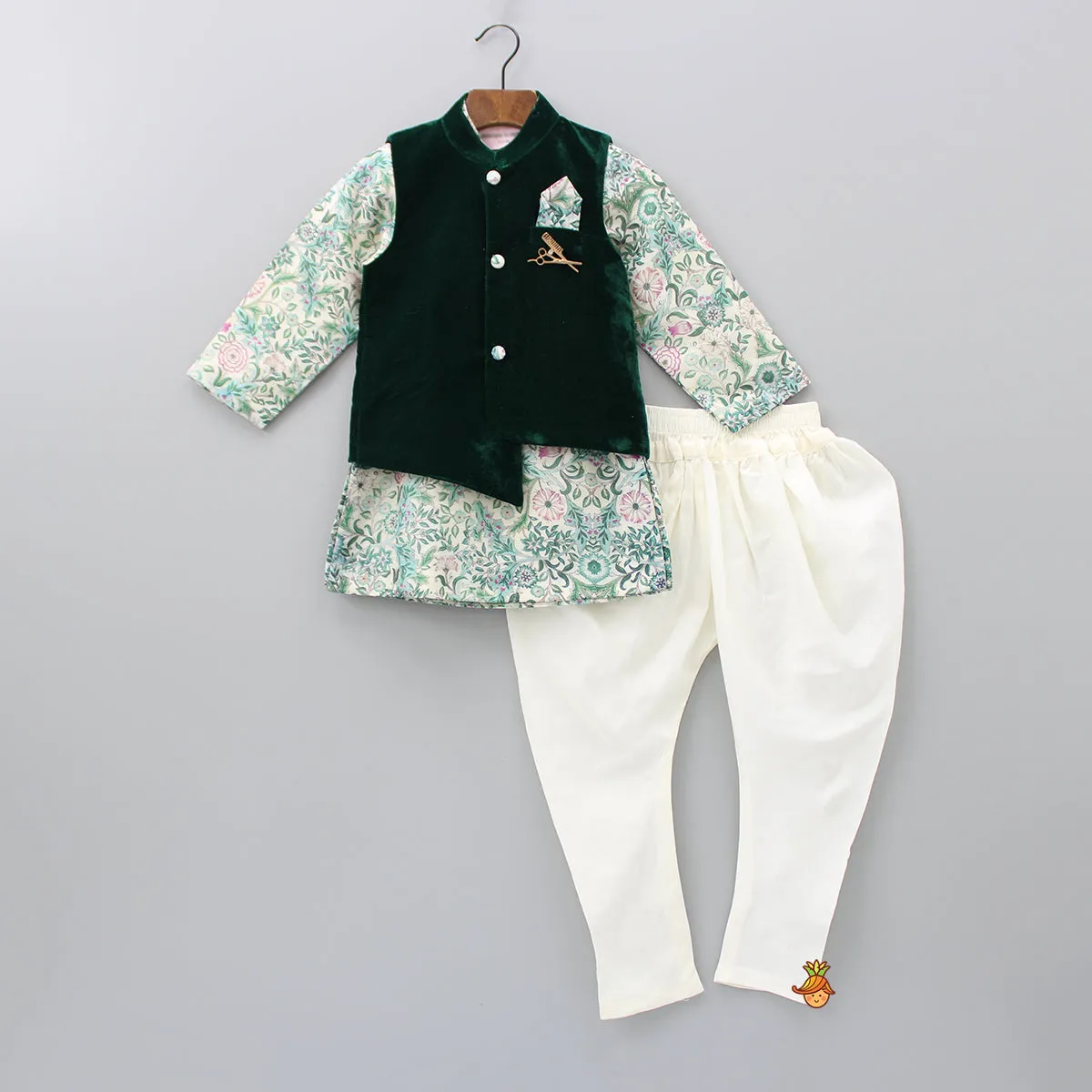 Green Velvet Jacket With Floral Printed Kurta And Churidar