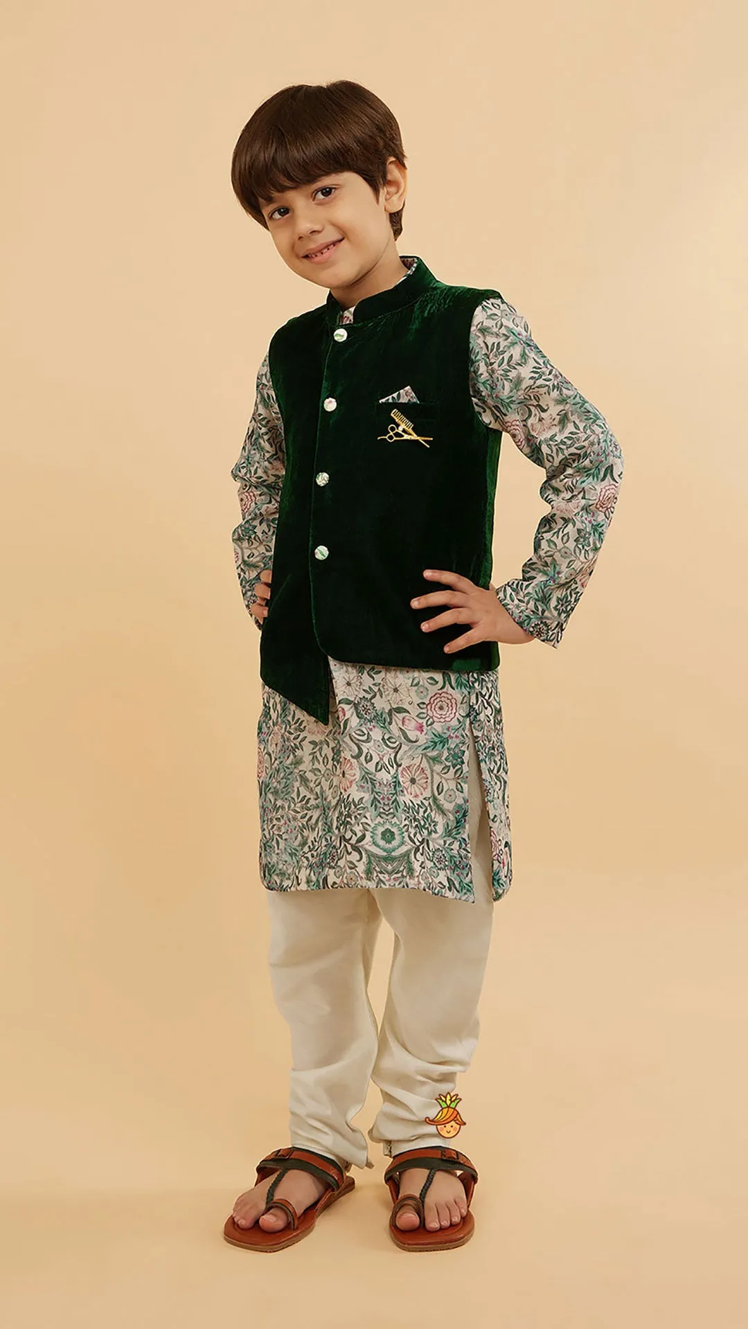 Green Velvet Jacket With Floral Printed Kurta And Churidar