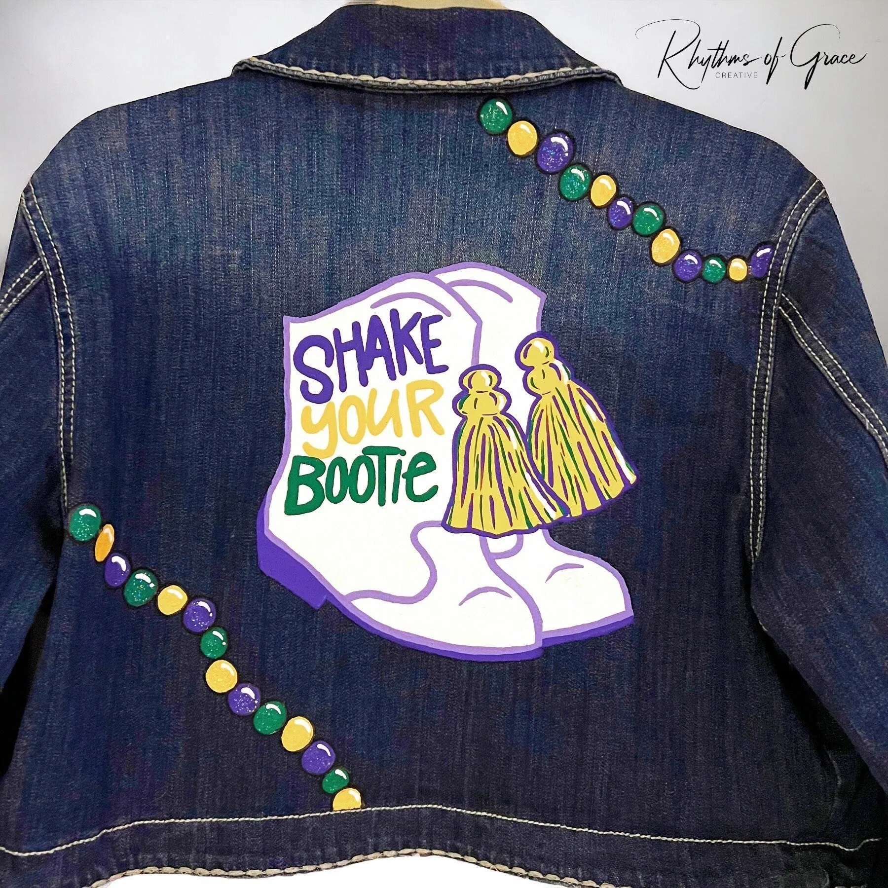 Hand Painted Mardi Gras Jean Jacket - Mardi Gras, Painted Jean Jacket, New Orleans, NOLA, Purple Green Gold, Mardi Gras, Parade Outfit