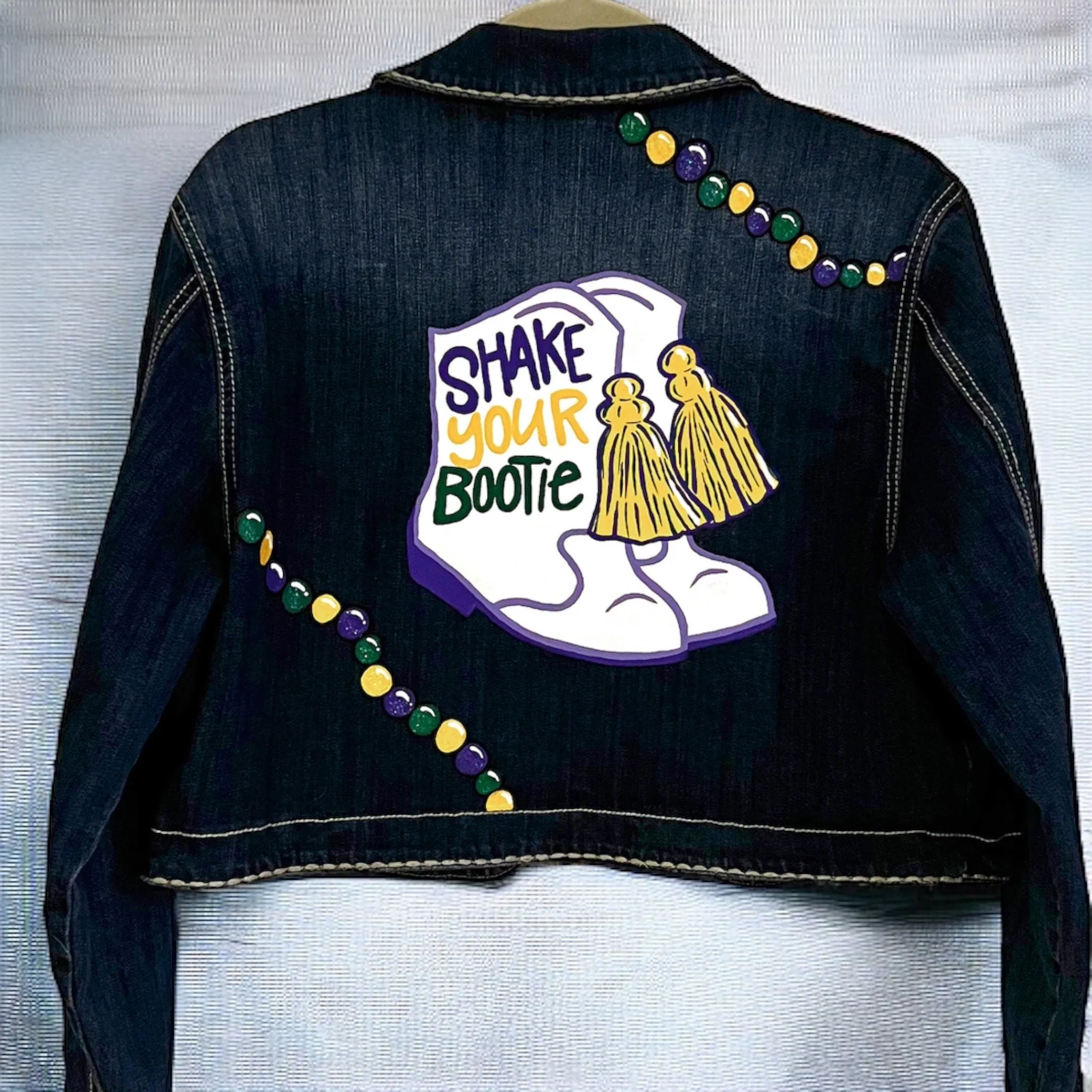 Hand Painted Mardi Gras Jean Jacket - Mardi Gras, Painted Jean Jacket, New Orleans, NOLA, Purple Green Gold, Mardi Gras, Parade Outfit