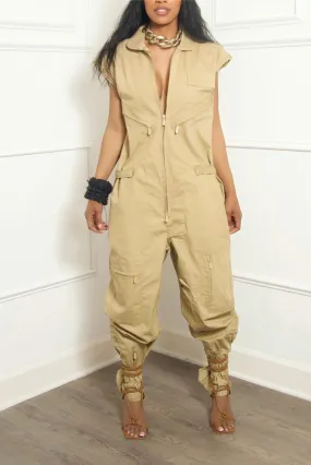 Khaki sleeveless zipper Jumpsuit