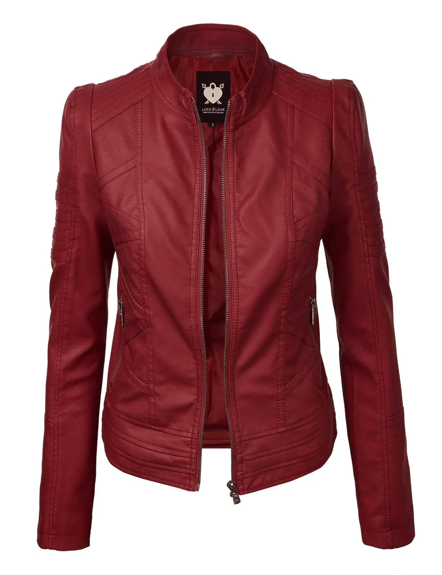 Made By Johnny MBJ Womens Faux Leather Zip Up Moto Biker Jacket with Stitching Detail