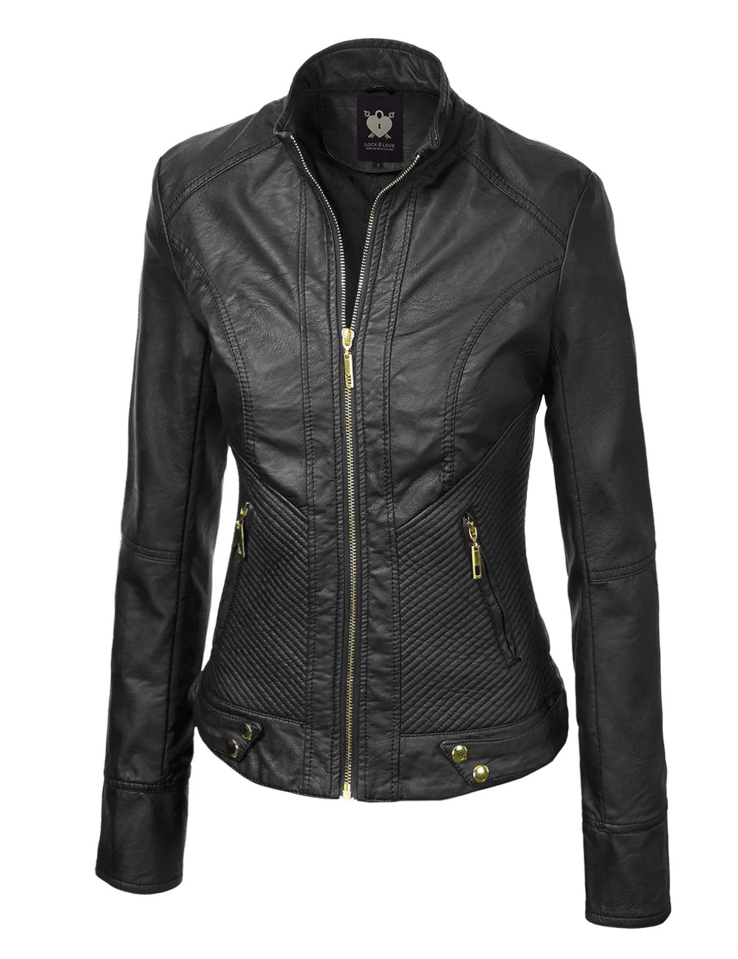 Made By Johnny MBJ Womens Faux Leather Zip Up Moto Biker Jacket with Stitching Detail