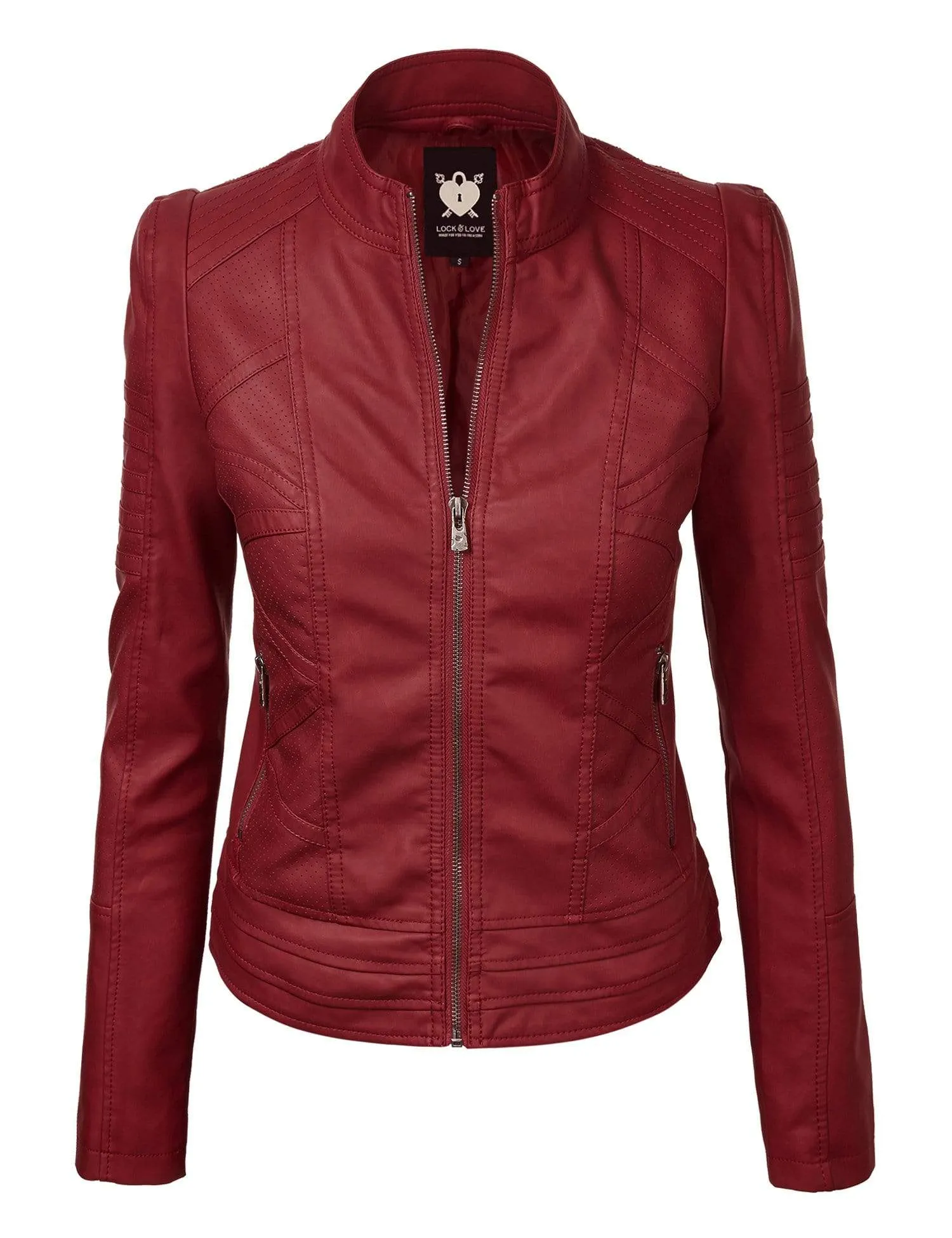 Made By Johnny MBJ Womens Faux Leather Zip Up Moto Biker Jacket with Stitching Detail