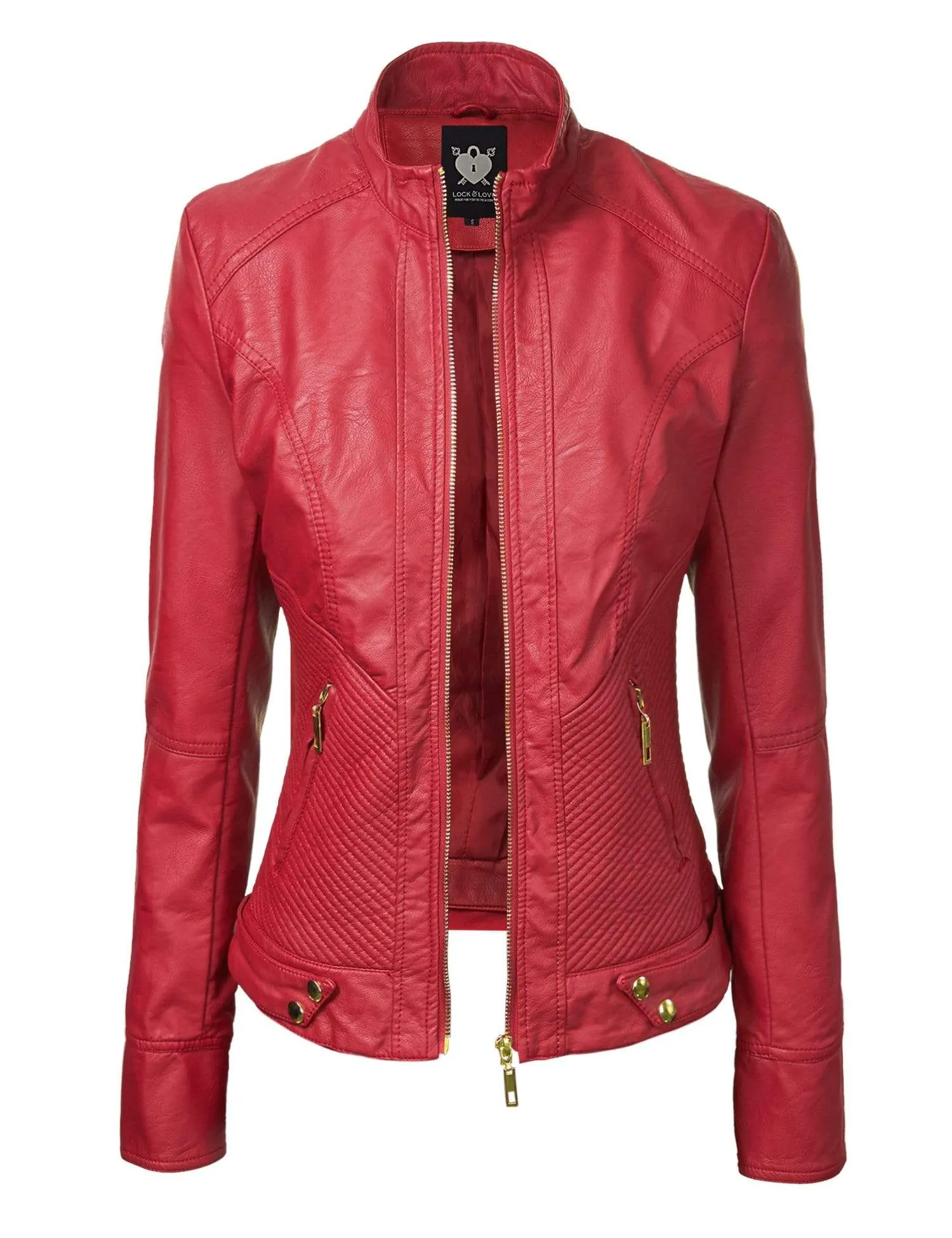 Made By Johnny MBJ Womens Faux Leather Zip Up Moto Biker Jacket with Stitching Detail