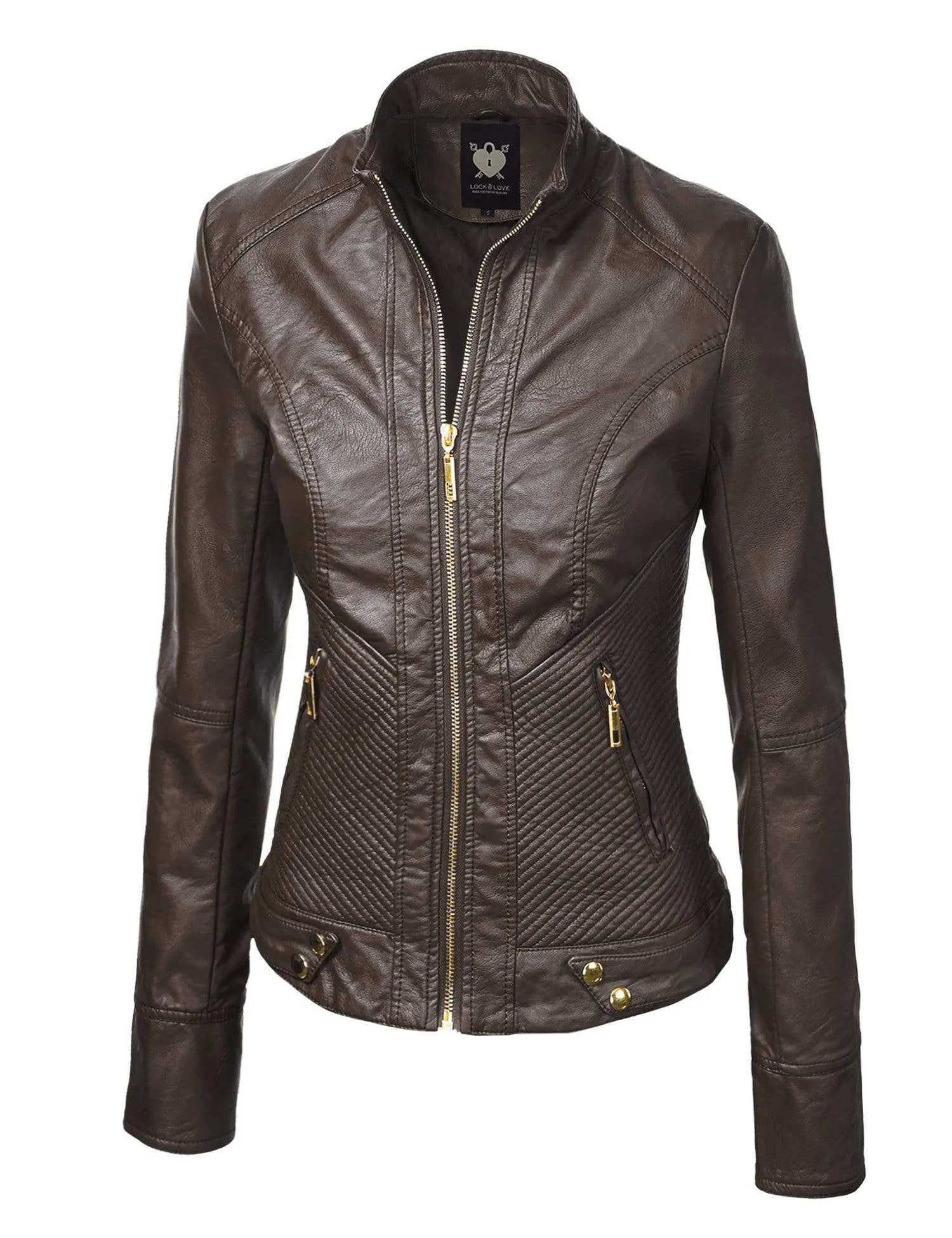 Made By Johnny MBJ Womens Faux Leather Zip Up Moto Biker Jacket with Stitching Detail