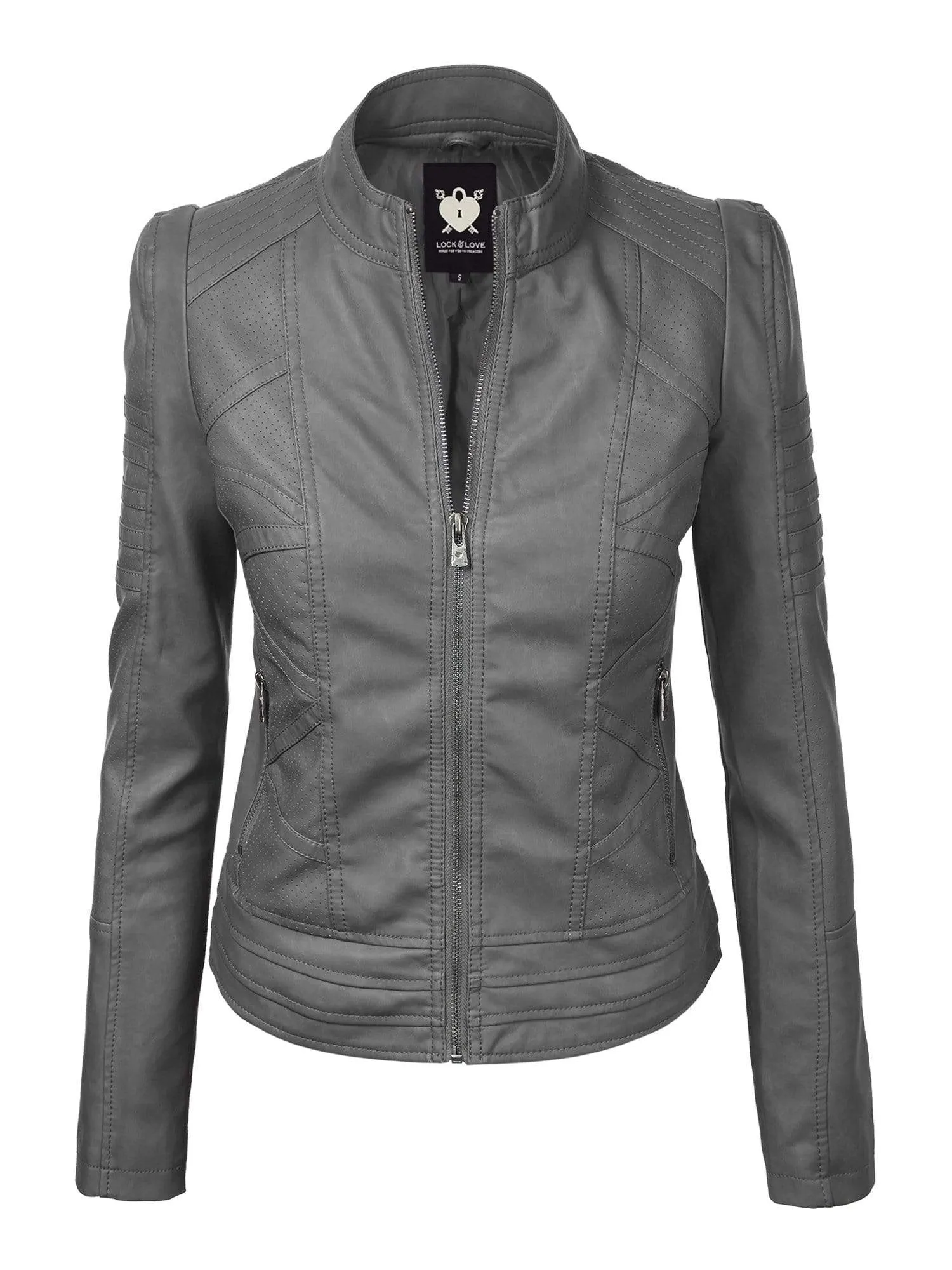 Made By Johnny MBJ Womens Faux Leather Zip Up Moto Biker Jacket with Stitching Detail