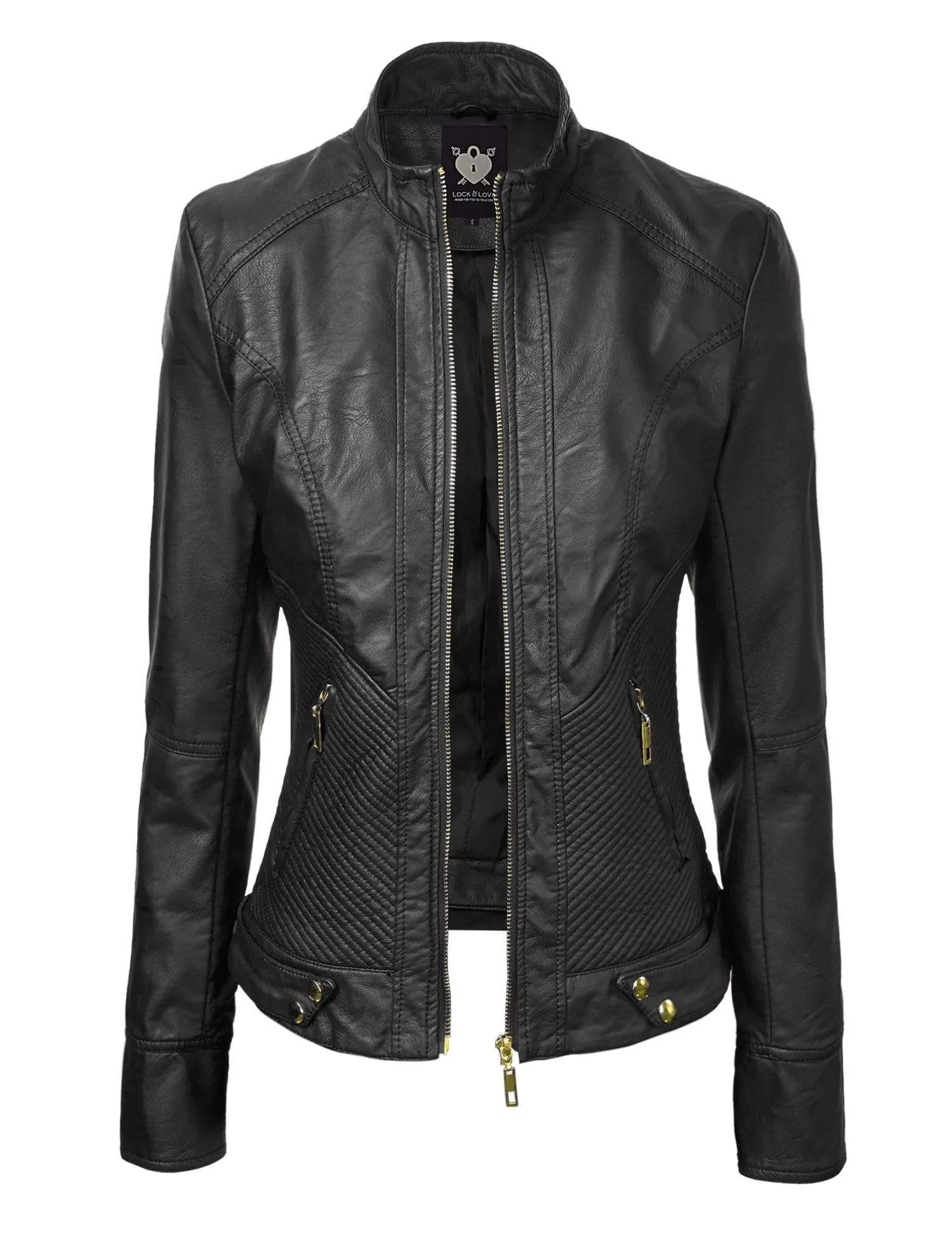 Made By Johnny MBJ Womens Faux Leather Zip Up Moto Biker Jacket with Stitching Detail