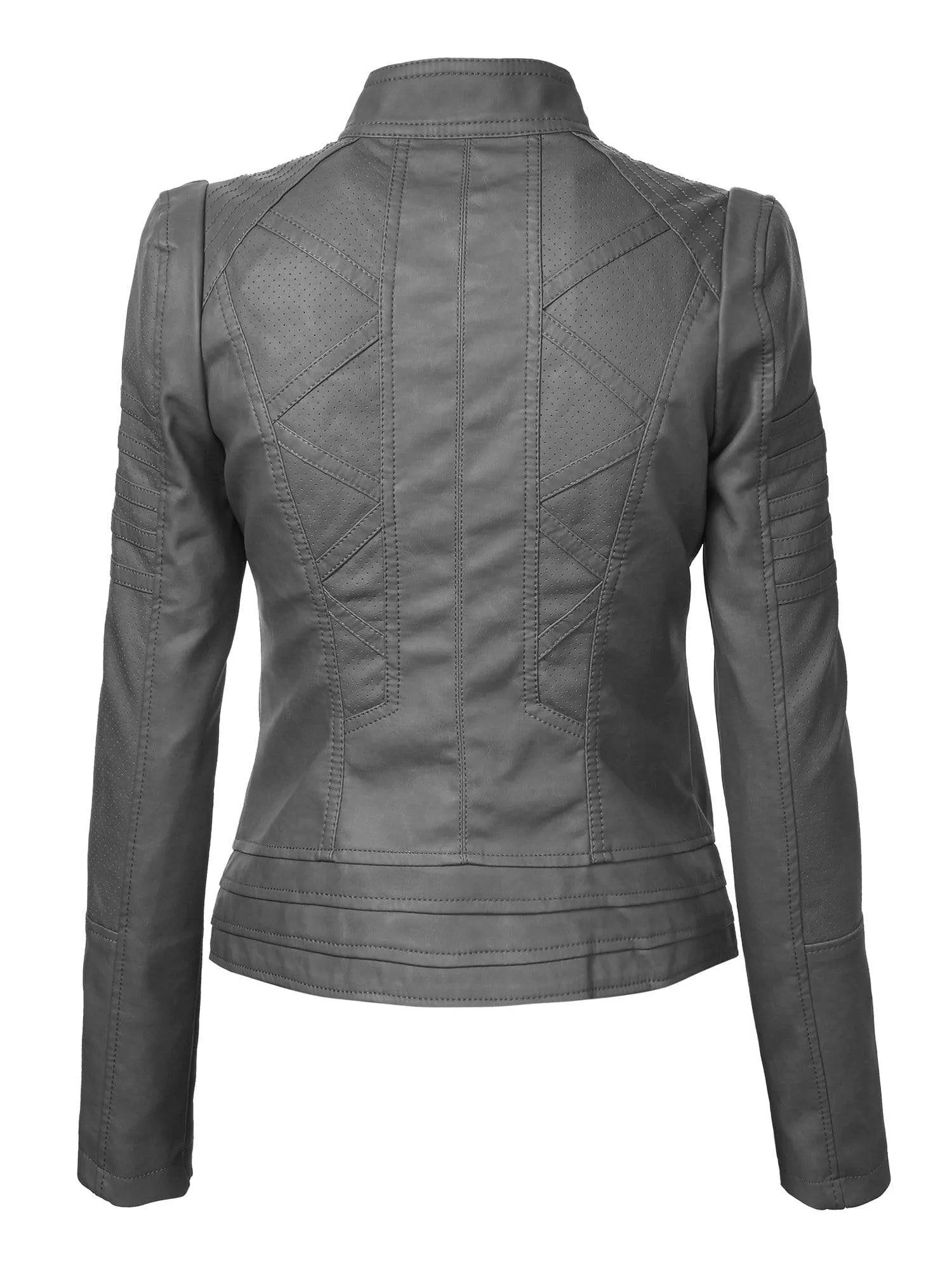 Made By Johnny MBJ Womens Faux Leather Zip Up Moto Biker Jacket with Stitching Detail