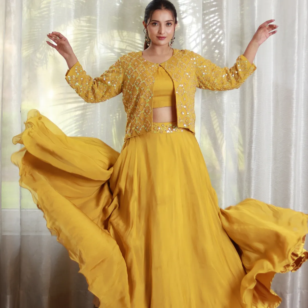 Mustard Yellow Embroidered Jacket Lehenga Set