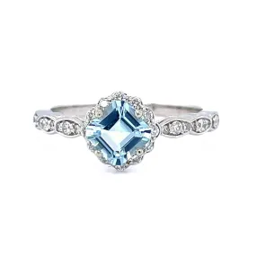 Natural Aquamarine Engagement Ring Vintage Style Asscher Cut Aquamarine Ring Diamond Halo