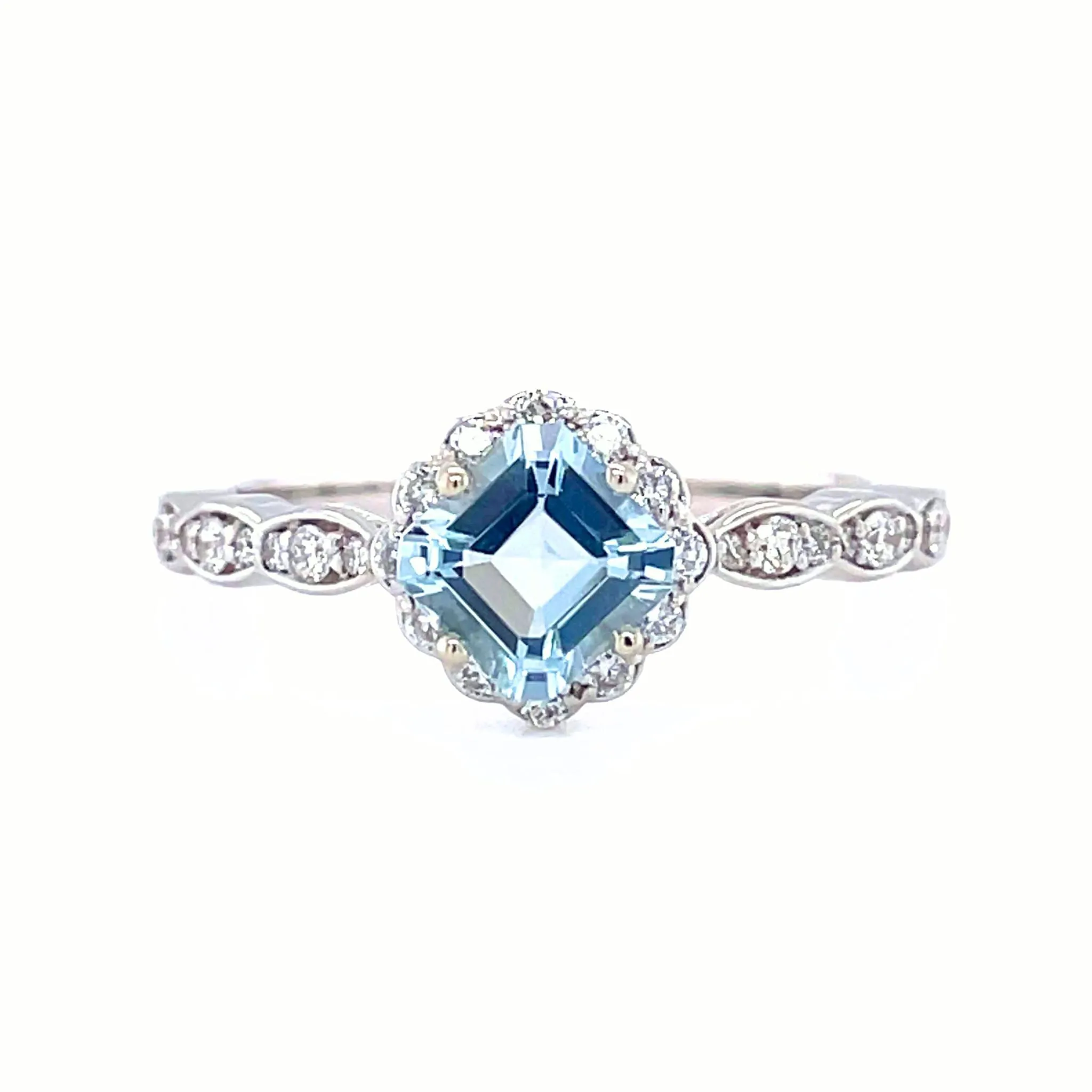 Natural Aquamarine Engagement Ring Vintage Style Asscher Cut Aquamarine Ring Diamond Halo