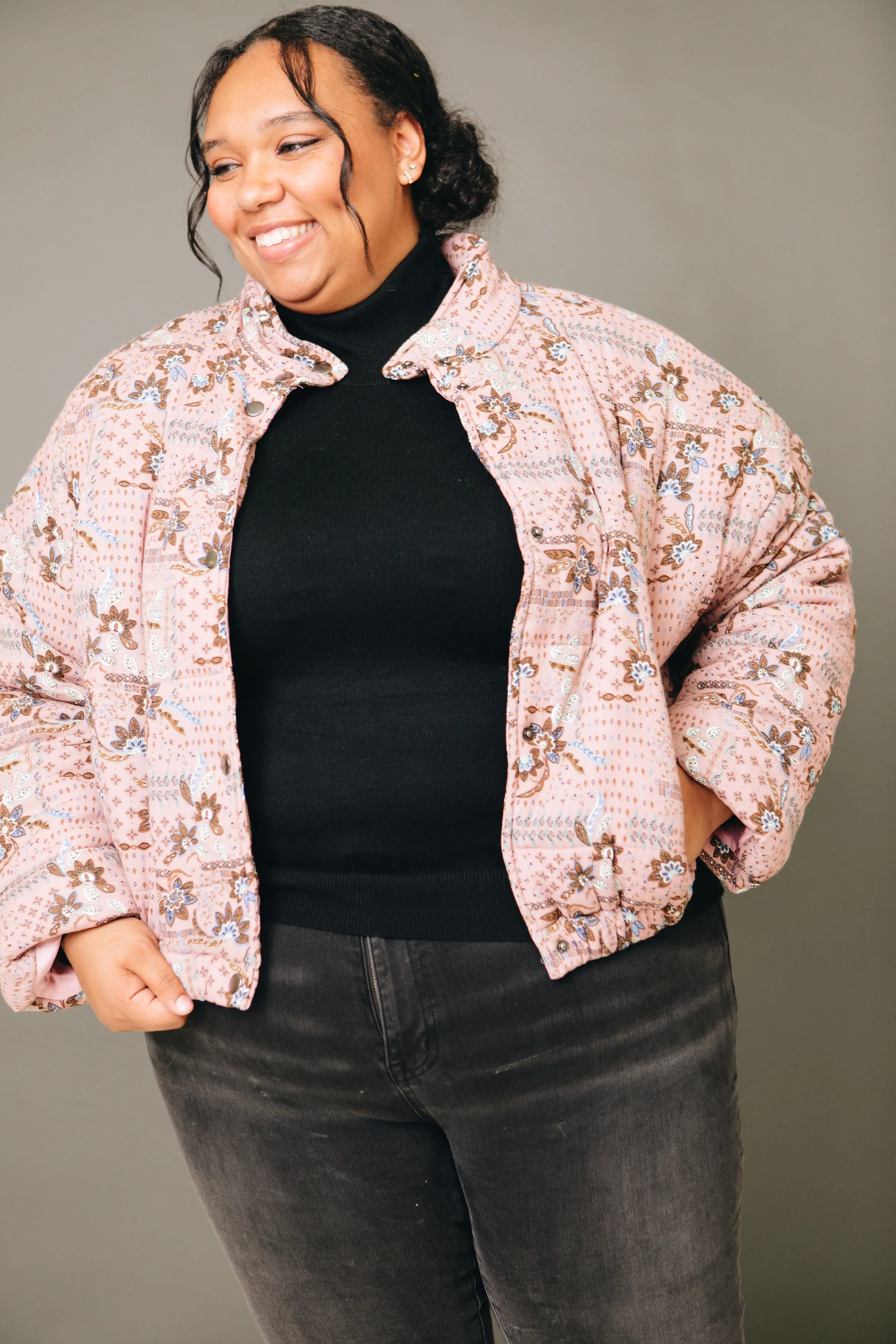 Pink Posy Floral Puff Jacket (S-3XL)