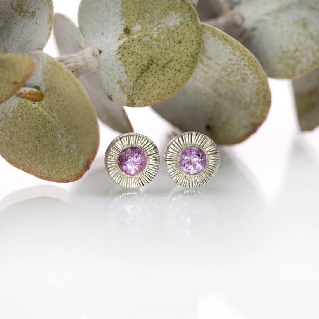 Pink Sapphire Tiny Textured Sterling Silver Stud Earrings, Ready to Ship