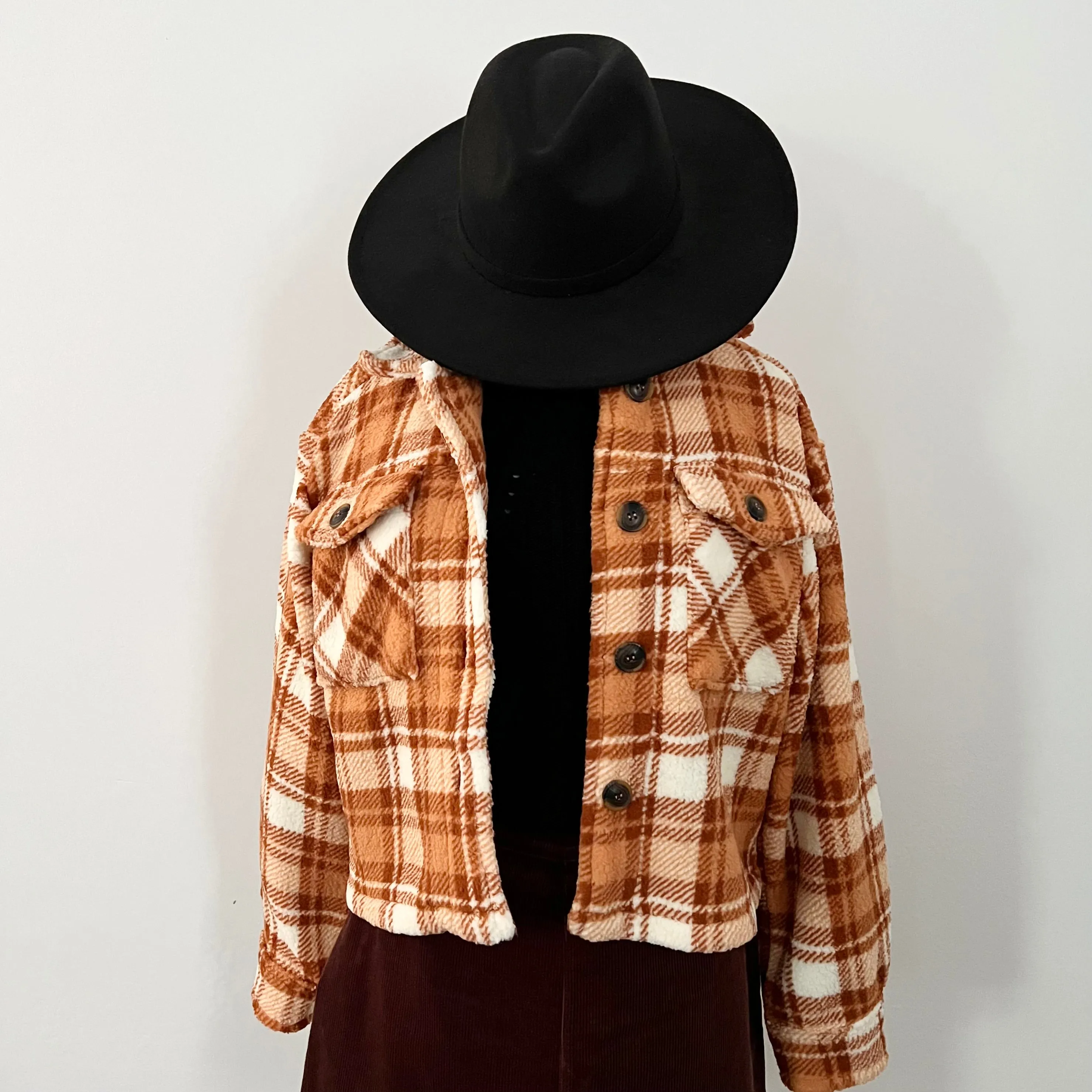 Plaid Teddy Crop Shacket - Rust