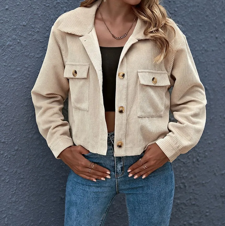 Plain Corduroy Cropped Shirt Jacket OF8