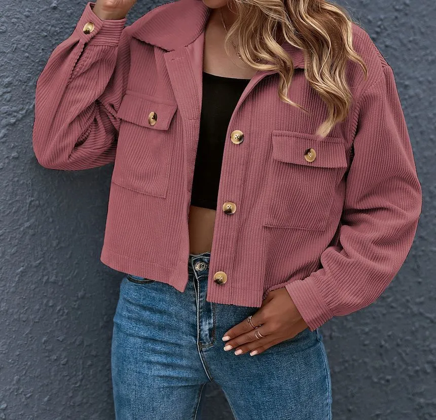 Plain Corduroy Cropped Shirt Jacket OF8