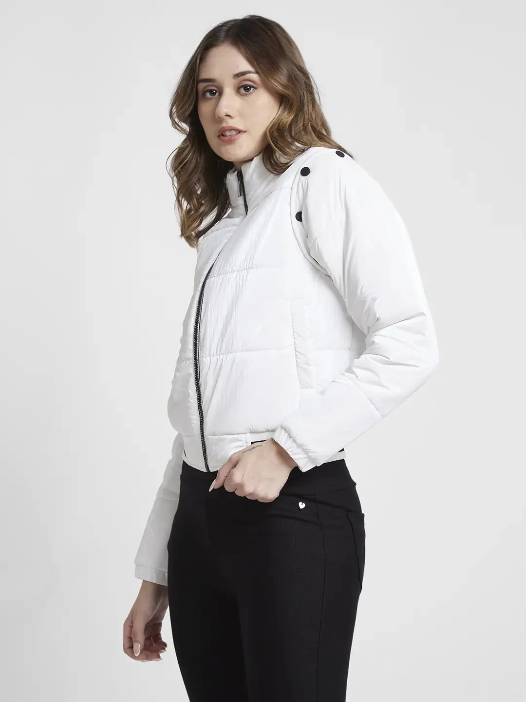 Spykar Women White Slim Fit High Neck Plain Crop Jacket